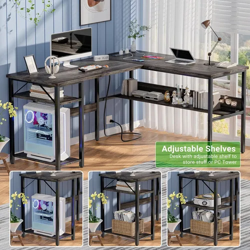 Miniatura 7 de Unikito Escritorio reversible en forma de L con tomas de corriente mágicas y puertos de carga USB, escritorio de esquina para computadora resistente