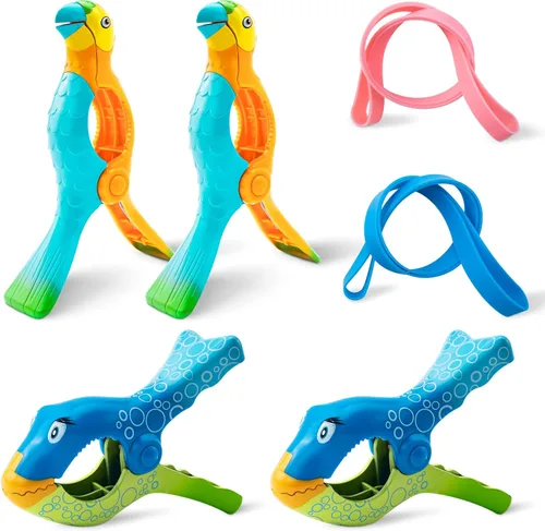 Paquete de 4 clips para toallas de playa con diseño de pez loro, paquete de 2 toallas de playa, toallero para sillas de playa, pinzas de ropa