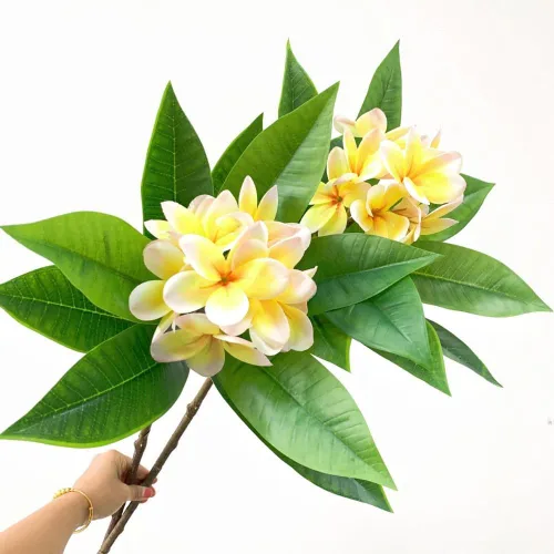 XIYUAN Flores artificiales Frangipani de 35.5 pulgadas, 2 tallos realistas de tacto real, flores de plumeria artificiales para el hogar, fiesta,