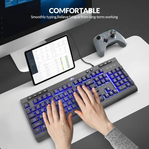 Miniatura 8 de Rii RK900Pro Teclado retroiluminado de impresión grande, teclado USB de tamaño completo con cable con retroiluminación azul, compatible con Windows