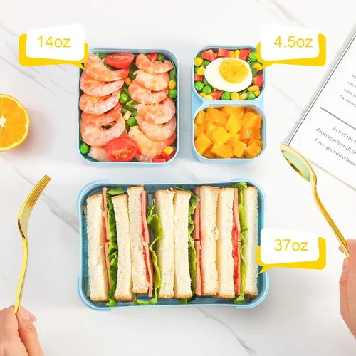 Miniatura 5 de Lonchera para niños, sin BPA, caja Bento de 3 compartimentos a prueba de fugas para mochilas, apta para microondas y lavavajillas, contenedor
