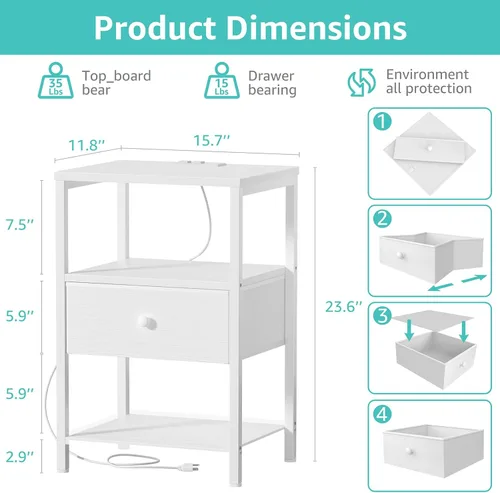 Miniatura 3 de BOLUO - Mesita de noche blanca con estación de carga, mesita de noche LED con cajones de tela y estante, mesa de cabecera con puertos USB y tomas