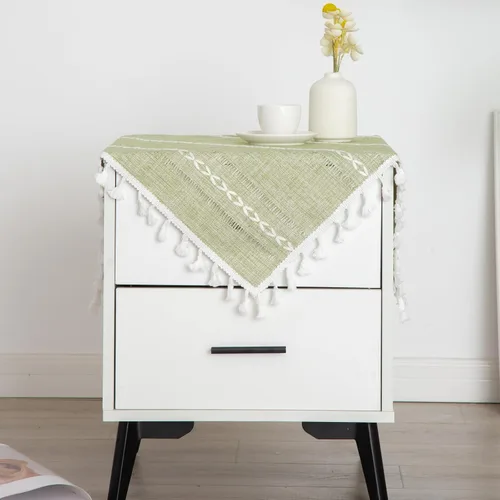 Miniatura 15 de Mantel Redondo Pequeño de Lino Rústico para Mesita de Noche con Rayas Bordadas Lavable Azul Cubierta de Mesa Estilo Granja con Puntadas y Borlas