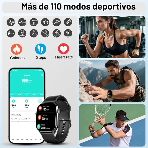 Miniatura 5 de Reloj inteligente para hombres y mujeres, reloj inteligente con pantalla AMOLED curva de 2.01", llamada Bluetooth, más de 100 modos deportivos