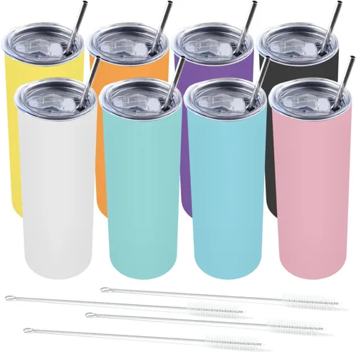 Miniatura 8 de Amtidy Paquete de 12 vasos delgados de 20 onzas con tapa y popote, vaso aislado al vacío de doble pared para bebidas frías y calientes
