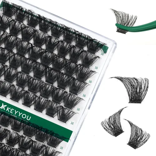 Miniatura 110 de KEYYOU Racimos de pestañas, 96 piezas de extensiones de pestañas DIY, rizado D de 16 mm, negro, realista, no irritante, fácil de colocar en casa