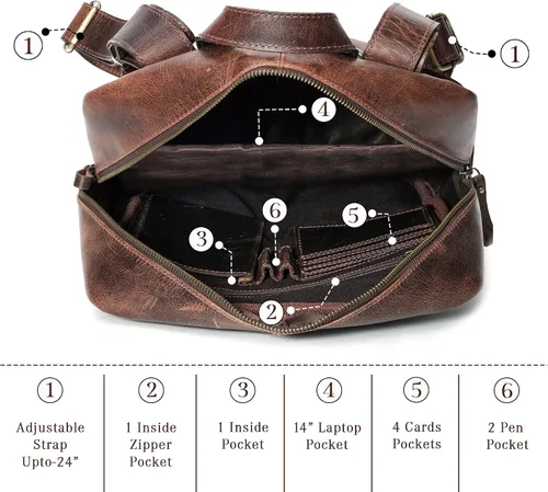 Miniatura 4 de Mochila de cuero hecha a mano para hombres y mujeres, bolsa para laptop de 15.6 pulgadas, cuero genuino, estilo retro, casual, para universidades