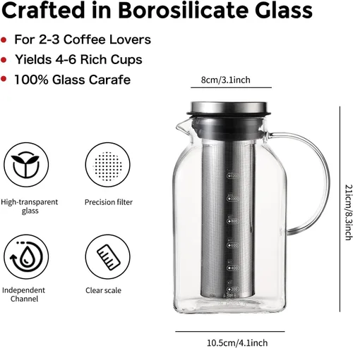 Miniatura 6 de Bincoo Cafetera de café frío de 40 onzas, cafetera helada y té con filtro fino de malla 600 para un sabor suave y bajo en ácido, jarra de vidrio