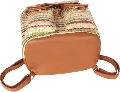 Miniatura 9 de Meyaus Mochila de paja hecha a mano para mujer, con solapa, cordón y cordón, Marrón claro, Mochilas Daypack