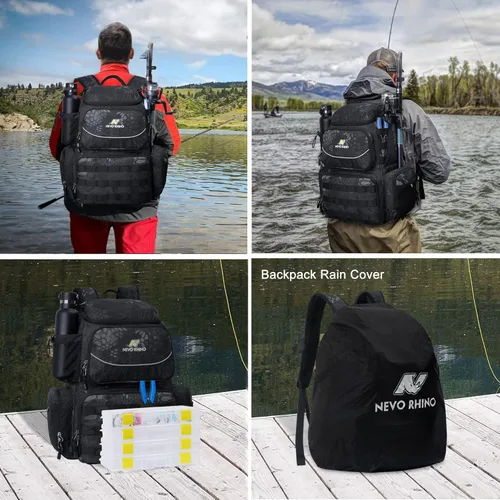 Miniatura 8 de N NEVO RHINO Mochila de aparejos de pesca con soportes para caña, bolsa de pesca grande de 40 L con cubierta impermeable para lluvia, bolsa