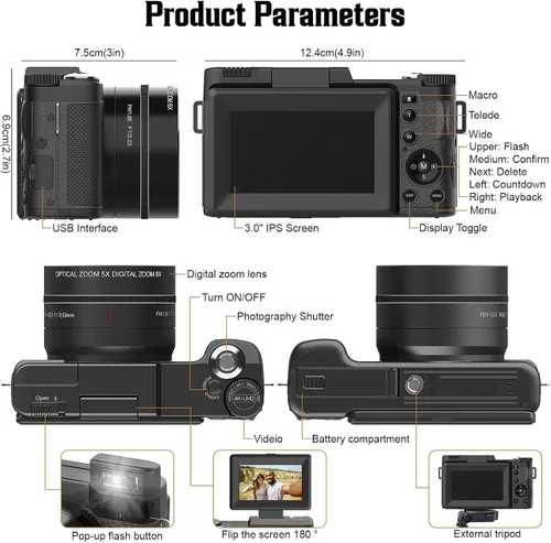 Miniatura 3 de Cámara digital 4K para fotografía, enfoque automático, cámara de vlogging de 48 MP para YouTube, cámara compacta de zoom digital 8X, pantalla de 3