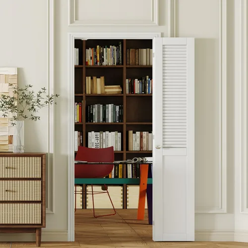 Miniatura 19 de Puerta plegable de 180 grados, para aberturas de 30 ″ x 80 ″, puerta plegable esmerilada blanca 3-Lite con bisagras, juego de herrajes para puertas