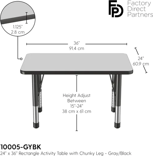 Miniatura 2 de FDP - Mesa rectangular para actividades escolares y aulas (24 x 36 pulgadas), patas gruesas para niños pequeños, altura ajustable de 15 a 24