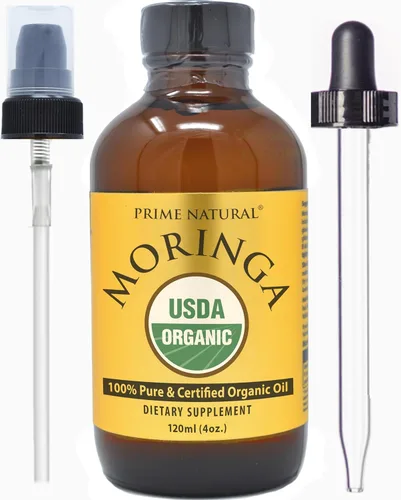 PRIME NATURAL Aceite de moringa orgánico certificado por USDA, 100% puro, prensado en frío, virgen, sin refinar (4 onzas/4.1 fl oz), suplemento