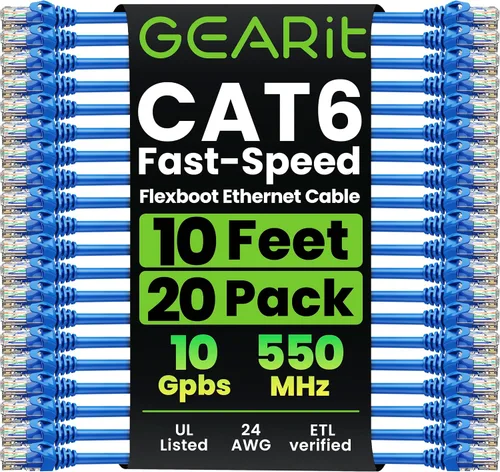 GEARit Paquete de 20 cables de conexión Cat6 de 10 pies, cable Ethernet Cat 6 sin enganches, flexible y suave, serie premium, color azul