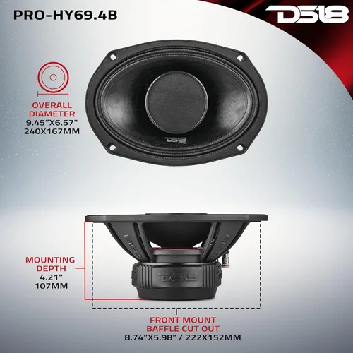 Miniatura 4 de DS18 PRO-HY69.4B - Altavoz híbrido de rango medio resistente al agua 6x9 con controlador de 1 pulgada, 500 W, potencia máxima de 4 ohmios, rango
