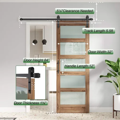 Miniatura 6 de FREDBECK Puerta de granero de vidrio de 32 x 84 pulgadas con kit de herrajes para puerta de granero de 5.5 pies y asa incluida, 5 paneles de vidrio