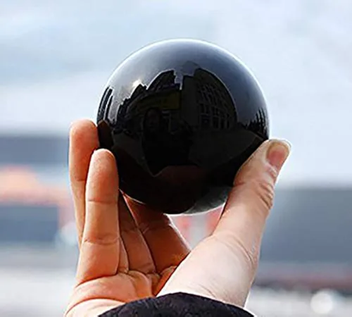 JIC Gem Pequeña esfera de obsidiana negra con soporte de madera para decoración de cristal de curación Fengshui, bola de meditación (55 mm, 2.2")
