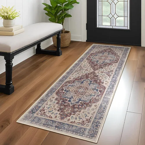 Miniatura 83 de Alfombra de pasillo profundo azul 2x8, alfombra de pasillo lavable antideslizante para entrada interior, alfombra de medallón vintage de 0.27