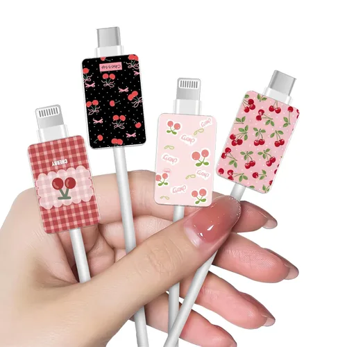 Miniatura 11 de CameCosy Juego de 4 protectores de cable de frutas para cargador de iPhone, diseño Kawaii de aguacate rosa, fresa, cereza y melocotón, protector