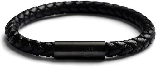 Alton of Sweden Pulsera de cuero de primera calidad para hombre Pulsera de piel de becerro trenzada negra auténtica Cierre magnético fuerte Caja
