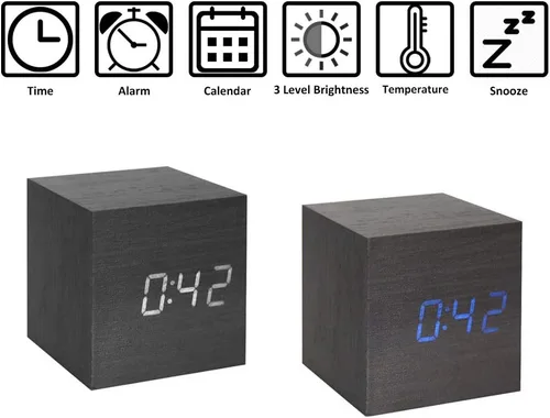 Miniatura 2 de ThreeH Reloj despertador digital de madera, reloj pequeño con pantalla LED de calendario de temperatura, control de sonido, modo de repetición