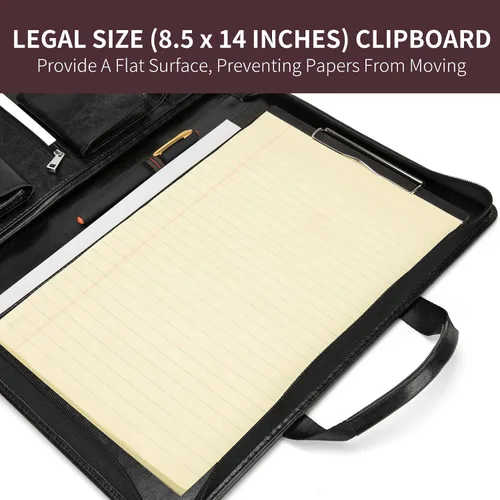 Miniatura 6 de Portafolio de cuero vegano para tamaño legal (8.5 x 14 pulgadas), portafolio portapapeles con asa, soporte para laptop de 15 pulgadas, organizador