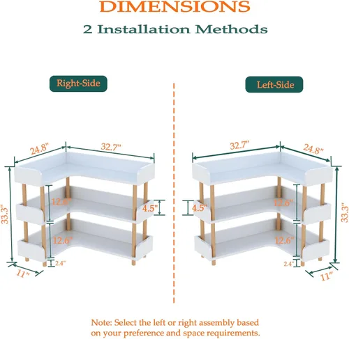 Miniatura 2 de OSCHF Estantería esquinera reversible de madera, moderna estantería en forma de L de 3 niveles con marco de madera maciza y protección de bordes