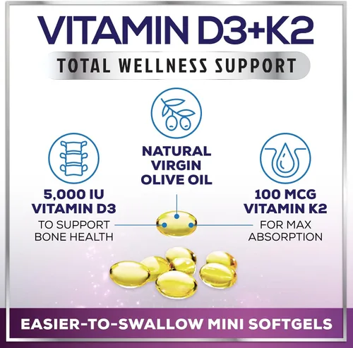 Miniatura 5 de Vitamina D con K2 (MK-7) – Vitamina D3 5000IU (125 mcg) por porción – Suplemento complejo D3K2 para huesos, dientes, músculos, absorción de calcio