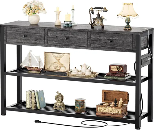 Miniatura 9 de Ecoprsio Mesa de entrada con salidas y puertos USB, mesa consola con 2 cajones, mesa de sofá pequeña con estantes de almacenamiento para sala