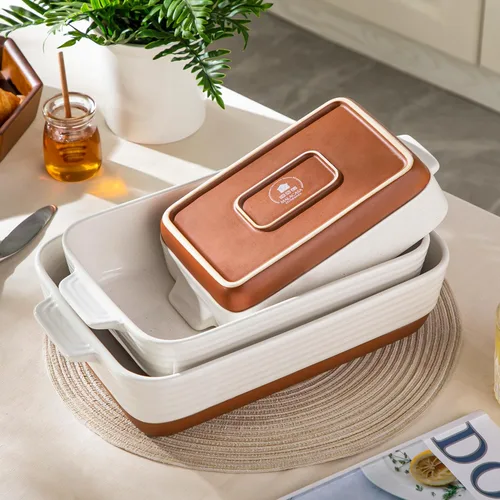 Miniatura 7 de MALACASA Fuentes para horno, Juego de 3 fuentes de cerámica para hornear, Juego de fuentes para hornear, Bandeja rectangular para lasaña profunda
