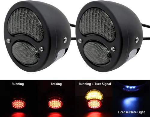 Miniatura 2 de FATECIM 2 luces traseras LED vintage Duolamp de 12 V, indicador de parada trasera con señales de giro y lámpara de matrícula, lente ahumada, Negro