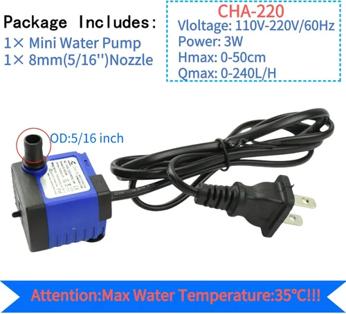 Miniatura 5 de Conquerall CHA-220 240L/H 60GPH AC 110V Bomba sumergible 3W Mini bomba de agua ultra silenciosa de 1.64 pies de altura para tanques de peces
