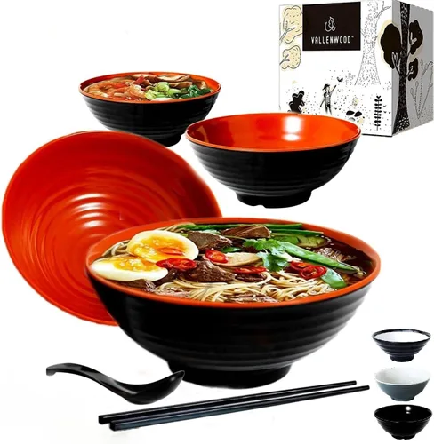 Miniatura 9 de Juego de 4 cuencos de ramen, 12 piezas Pho. Sopa japonesa asiática negra. Utensilio: cucharas y palillos. Melamina. Fideos grandes de 37 oz, arroz