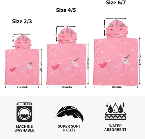 Miniatura 7 de Toalla de playa absorbente con capucha para niños y niñas, toalla de baño de microfibra con broches laterales (unicornio, 4-5)