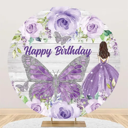 Miniatura 7 de Leyiyi Telón de fondo redondo de 3 x 3 pies, diseño de flores de acuarela azul, mariposa, fondo de círculo de madera rústica, para niñas y mujeres