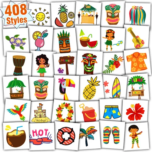 Partywind 408 tatuajes hawaianos para decoraciones de fiestas, suministros de recuerdos de fiesta hawaianos Luau para niños y niñas, tatuajes