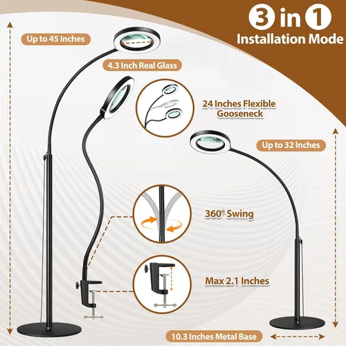 Miniatura 6 de Lupa 10X con luz y soporte, lámpara de pie flexible de cuello de cisne de 24 pulgadas, LED 3 en 1, 5 modos de color, lupa iluminada regulable sin