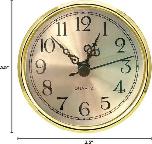 Miniatura 7 de HILLHOME Mini reloj redondo de cuarzo, esfera dorada de 3.5 pulgadas, bisel dorado, números arábigos, se adapta a agujeros de 3.0 pulgadas (3.071 in)