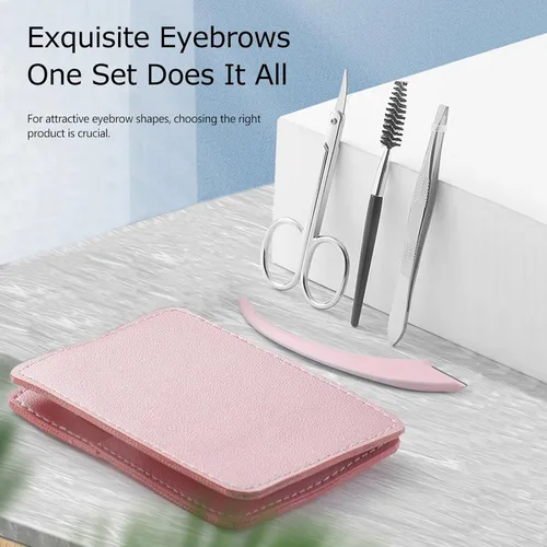 Miniatura 2 de Kit de recortador de cejas, juego 5 en 1 con tijeras para cejas, maquinilla de afeitar, pinzas, cepillo y espejo para mujer, incluye bolsa de cuero