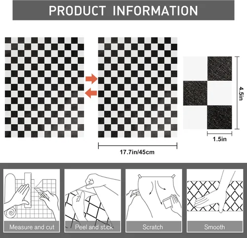 Miniatura 3 de Papel Adhesivo en Contacto Blanco y Negro en Mosaico a Cuadros, Papel Pintado Desmontable y Autoadhesivo en Lattice, Vinilo Impermeable en Rollo