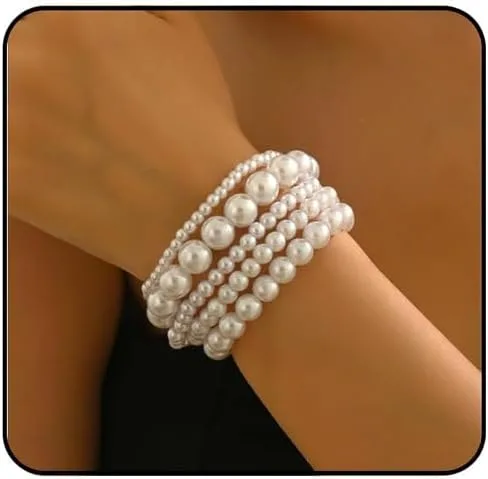 Miniatura 8 de Pulseras de perlas para mujer, pulsera de perlas de imitación con cuentas de perlas blancas, juego de pulseras elásticas apilables, pulseras