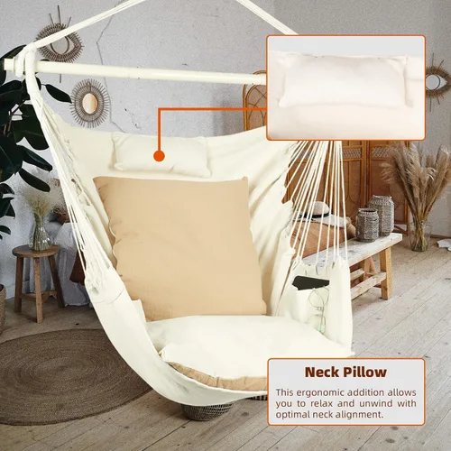 Miniatura 4 de Silla hamaca colgante con cuerda – Máximo 500 libras – 2 cojines y 1 almohada para el cuello incluida – Barra separadora de acero resistente