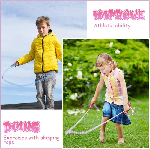 Miniatura 6 de Aoriher Cuerda de saltar para niños, cuerdas de rayas con asas de plástico, 8.2 pies, nailon ajustable, pesado, trenzado, cuerda de saltar