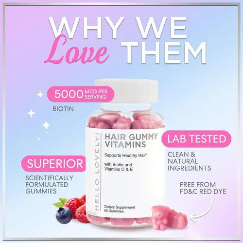 Miniatura 6 de Hello Lovely - Gomitas de vitaminas para el cabello con biotina, 5000 mcg de vitaminas E y C que apoyan el crecimiento del cabello, vegetariano