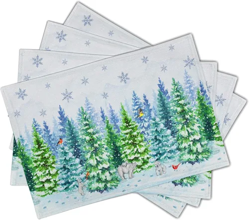 Miniatura 2 de Juego de 4 manteles individuales con diseño de osos de Navidad con acuarela, diseño de pájaros de invierno, diseño de árboles de copo de nieve