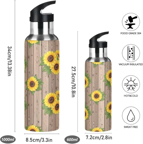 Miniatura 2 de Sunflowers Rustic Wooden Insulated Water Bottle 20 Oz Leakproof Water Bottles, BPA-Free Sports Water Bottle with Straw