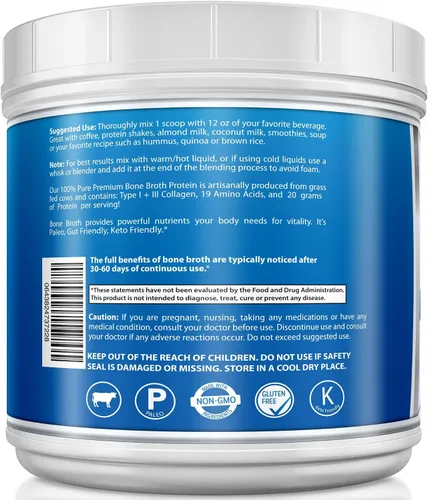 Miniatura 7 de Polvo de proteína de res de caldo de hueso - 1.25 libras / 20 onzas, sin sabor - Fabricado en Estados Unidos - Alto colágeno y gelatina de bovino