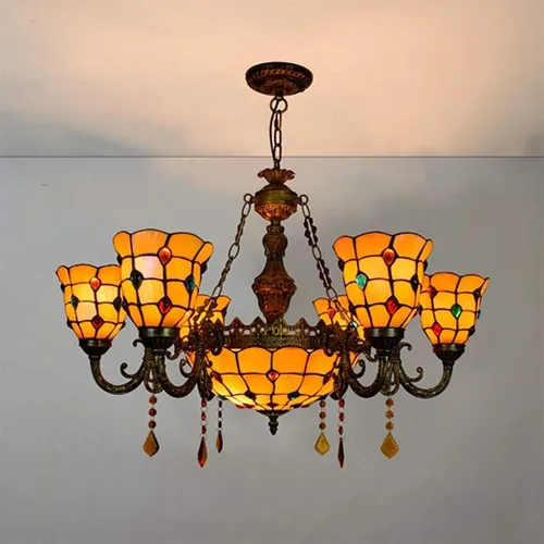 Miniatura 3 de Tiffany - Lámpara de techo con cuentas de cristal, múltiples cabezales, color amarillo mediterráneo, para comedor, sala de estar, villa, pasillo, 6