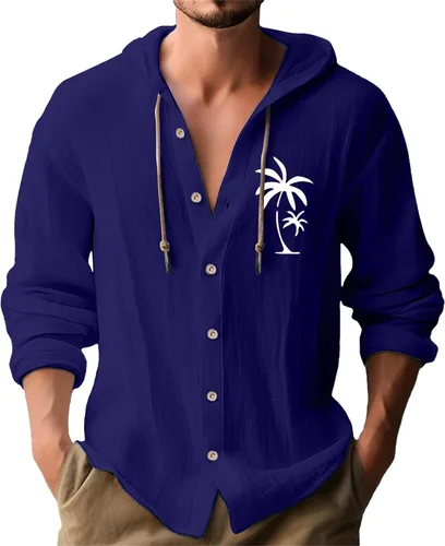 Miniatura 9 de Camisas de manga larga con botones para hombre, camisa con capucha a rayas verticales, casual, para vacaciones, verano, ligera, con cordón Z21